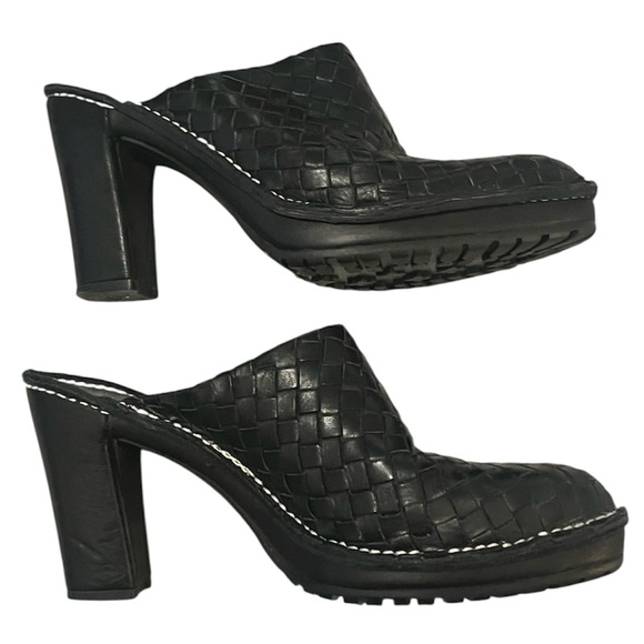 Donald J. Pliner Shoes - Donald Pliner Black Woven Leather Busy Heeled Platform Mule Clog Bootie Shoes